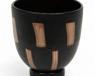 Lot 89 | Massimiliano Pagnin (Italian, 20th C.) Black Glass with Battuto & Metallic Footed Vase, H 5.5" Dia. 5" H 5.5" Dia. 5"