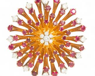 Lot 10 | 14K Gold, Rubies, Diamonds Brooch 1950 Dia. 1.7" 46g