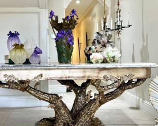 James Logan Furnishings Center Table - Hand Carved Faux Bois Gilt and Silver Leaf Base with Detailed Bark, Leaves & Bugs, Mounted to a Marble Base with Marble Top.