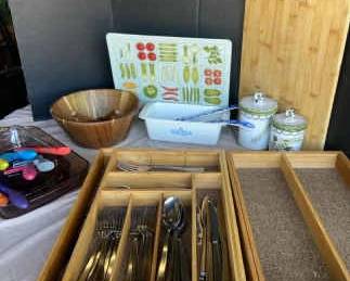 A Pair Of Wooden Adjustable Silverware Drawer Holders And More Kitchen Items