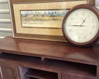 Console Table, Framed Art, Clock