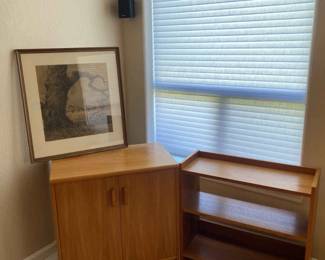 A Two Shelf Cabinet, A Three Shelf Stand, And Picture