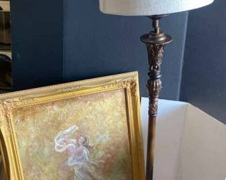 Gold Framed Painting And Lamp