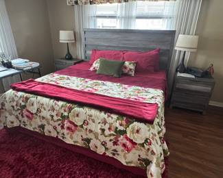King size bedroom set. Bed. Frame. Mattress. 2 end tables. 2 lamps. Dresser with mirror
