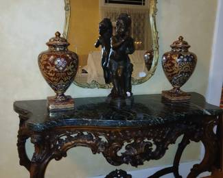 Antique console table with 2 ginger jars and antique gold mirror