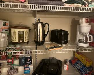 . . . vintage Farberware coffee pot, crock pot, toaster, and food items