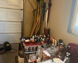 . . . cranberry glass, compressor,  yard tools