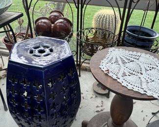 antique wood "spool" table - blue garden stool - metal plant stand