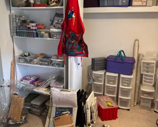 Room filled with polymer Clay - tools - art supplies - bins and white laminate wall shelving - all of the shelving is for sale too.