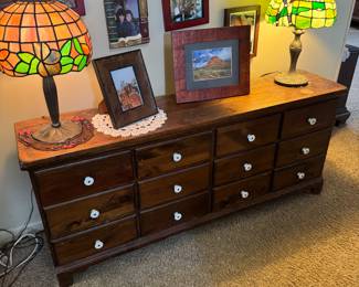 Short wood drawer chest - stain glass lamps, frames & art