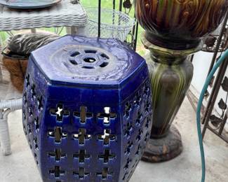 2 blue ceramic garden stools - wicker table