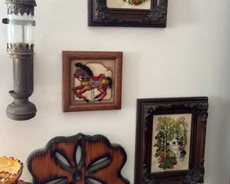 Stitched art, Oil lamp sconce & wood burned art
