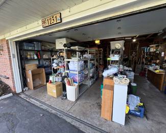All shelving ie: (plastic, metal w/ wood & metal) in the garage will be sold and is packed with items. Tools, Xmas, Games, Kitchenware & lots more