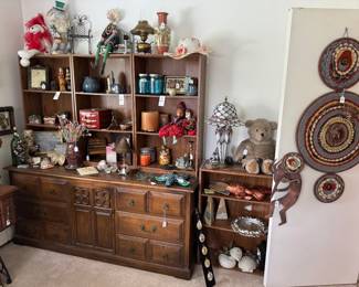 vintage dresser (has a night stand) - 3 shelving units separate from dresser on top - filled with items