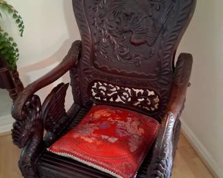 Highly Carved, Detailed Asian Mahogany Wood Chair