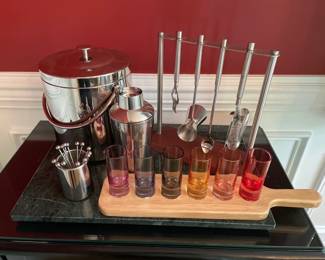 Lot 3593 Barware Green Marble Slab Ice Bucket Cocktail Shaker Skewers Utensils Saludi Shot Glasses