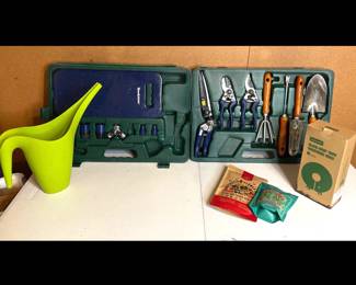 Lot 3772 Brookstone Garden Tool Set Vego Garden Slow Drip Watering Ring Watering Can Seeds
