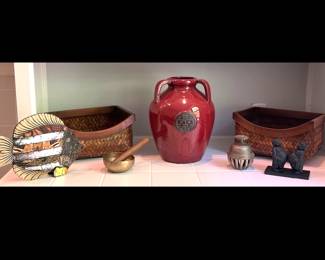 Lot 3588 Asian Red Glazed Vessel Antique Elephant Claw Bell Woven Baskets Brass Bowl Decorative Fish Buddhas