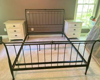 Lot 3634 Full Size Metal Sleigh Bed Frame Two Nightstands wGlass Tops