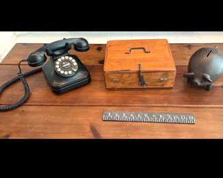 Lot 3591 Fold Out Writing Desk Antique Reproduction Vintage Style Telephone Ceramic Piggy Bank Metal Ruler