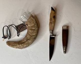 Lot 3817 Handmade Rostfrei Solingen Sheep Foot Knife w Scabbard Iceland Mountain Sheep Horn Shot Glass