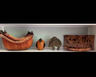 Lot 3587 Japanese Oil Mango Trays Carved Gourd Art Sloth and Bird Design Woven Basket Set Aardvark Ceramic Candle Holder