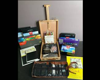 Lot 3670 Art Supplies Mini Easel Box Oils , Watercolors, Pencils Paper