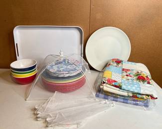 Lot 3898 Melamine Outdoor Patio Dishes Tray Tablecloths Insect Food Covers