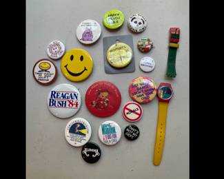 Lot 3853 Vintage Pins Buttons Flair Broken Swatch Watch