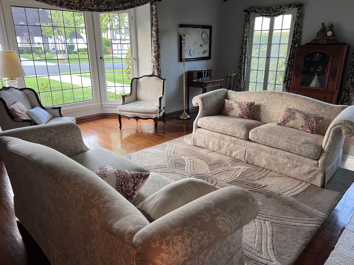 Available now couches presale $600 for the pair local delivery matching white patterned couches measuring 70” across at the back 72” across at the front. 33” deep