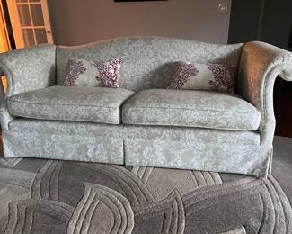 Available now presale $600 for the pair local delivery matching white patterned couches measuring 70” across at the back 72” across at the front. 33” deep