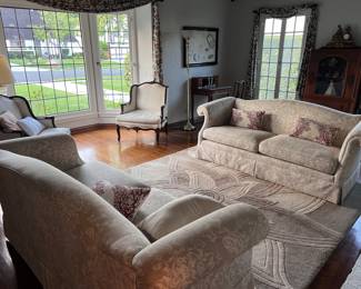 Available now couches presale $600 for the pair local delivery matching white patterned couches measuring 70” across at the back 72” across at the front. 33” deep