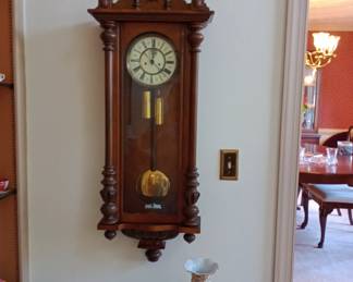 very nice antique wall clock with weights and keys working shown again for size