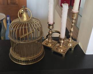 brass candlesticks and heavy brass mini birdcage