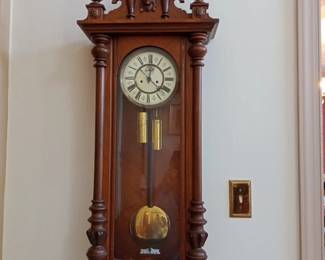 very nice antique wall clock with weights and keys working