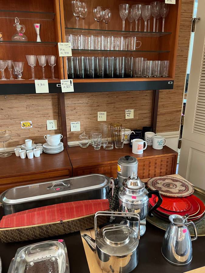 Kitchen serving ware: hot water/tea kettle, fish pan, bread warmer, bar and wine glasses, tea cups and mugs