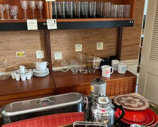 Kitchen serving ware: hot water/tea kettle, fish pan, bread warmer, bar and wine glasses, tea cups and mugs