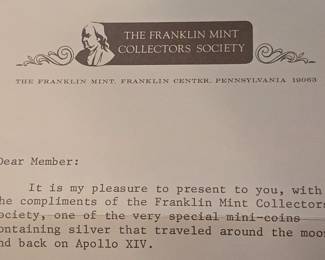 Collectors Silver Franklin Mint paperwork