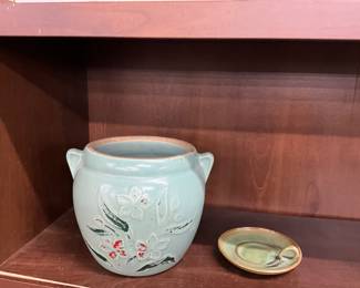 Stoneware Jar - Green Pottery Lazy Bones Candle Holder