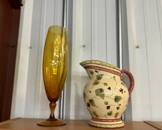 Amber Glass Tall Footed Vase Possibly Italian Murano Empoli - Waverly Garden Room Floral Manor Ceramic Pitcher