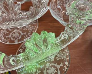 Uranium Glass - Fostoria Glass Baroque Candlestick Holders