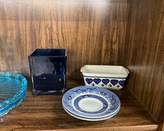 Cobalt Blue Glass Square Vase - Boleslawiec Pottery Small Loaf Pan - Churchill Blue Willow Saucers