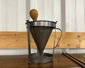Standing Galvanized Metal Cone Shaped Strainer Sieve & Wood Pestle