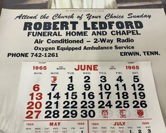 1965 Advertising Calendar for Robert Ledford Funeral Home & Chapel in Erwin TN