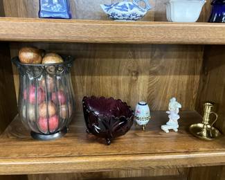 Caged Glass Vase - LG Wright Amethyst Glass Bowl - Egg Trinket Bow - Precious Moments "Markie" from Sammy's Circus Collection - Brass Candlestick Holder