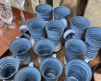 McWhirter Pottery, Celo NC Hourglass Shaped Blue Coffee Mugs