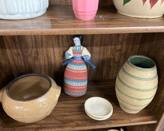 Stoneware Handled Crock - Avon American Heirloom Porcelain Head Satchet Doll - Pottery Ringed Vase