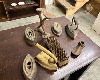Cast Iron Sad Irons - Cast Iron Cobbler Shoe Stand & Shoe Making From - Wood & Wire Brush