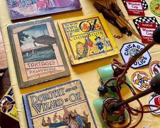 Vintage and antique books. Lots of vintage patches.