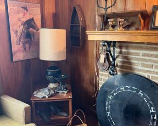 Vintage Bart Forbes painting, MCM table, armchair and lamp.